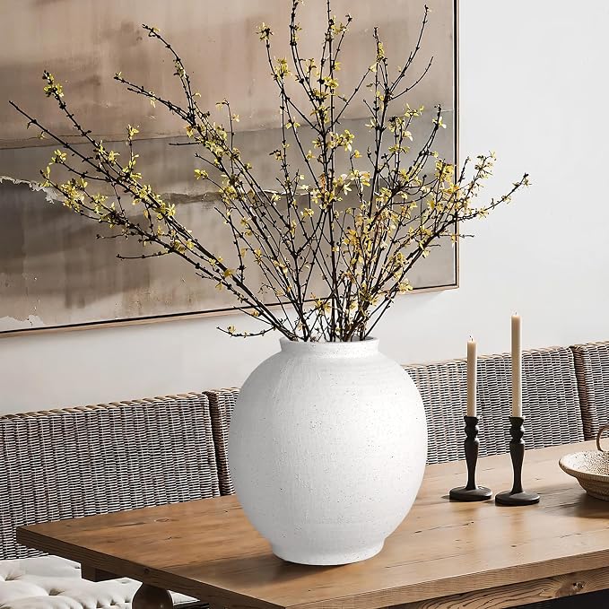 11" White Ceramic Vase, Large Round Ceramic Flower Vase | Artisan Handcrafted,Rustic Farmhouse Living Room Home Decor