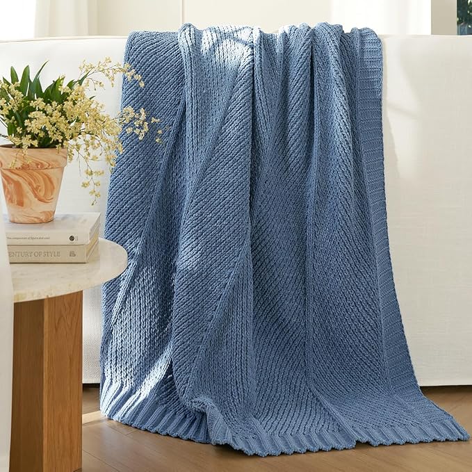 Knit Throw Blanket, Soft Chenille Cozy Breathable Chevron Chunky Decorative Blanket for Couch, Bed & Sofa, French-Inspired Lightweight Warm Gift for Women, Washed Blue, 50"x60"