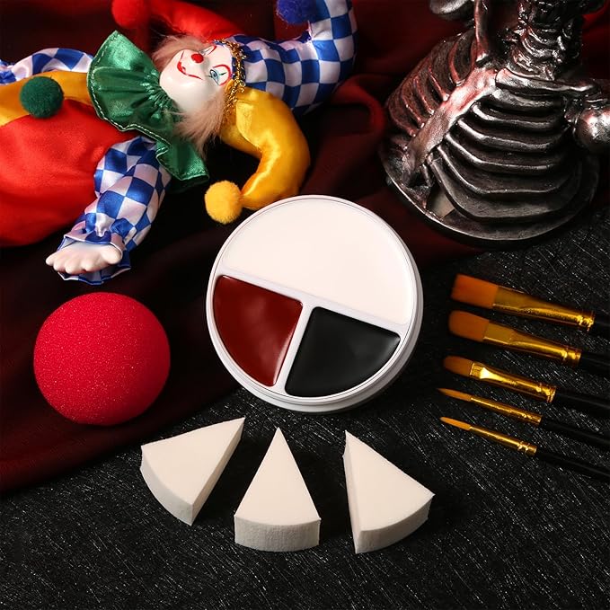 Scary Clown Makeup Face & Body Paint Kit Professional Black White Red SFX Cream Bodypaint with 5 Brushes Sponge Applicators & Clown Nose Facepainting Set for Kids Adult Halloween Joker Vampire Zombie