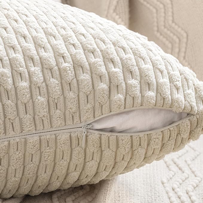 MIULEE Beige Decorative Throw Pillow Covers for Couch Living Room 18x18 Inch Soft Pillow Cases Set of 4 Boho Striped Corduroy Farmhouse Cushion Covers Home Decor for Sofa Bed