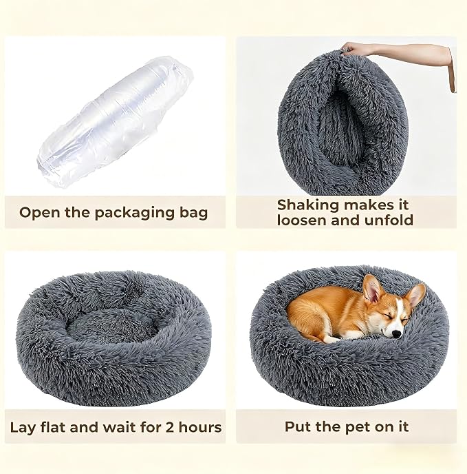 Calming Donut Dog and Cat Bed for Indoor Cats, Anti-Anxiety Round Fluffy Soft Washable Small Pet Bed for Puppy and Kitten, Warming Comfortable Luxury Anti-Slip Waterproof Mute Base 20in Dark Gray