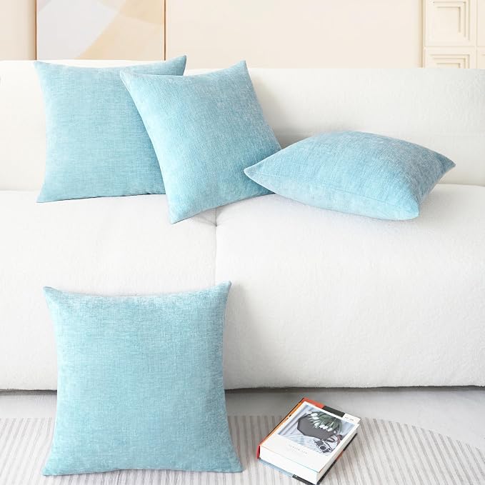 CaliTime Decorative Throw Pillow Covers 18 X 18 Inches Light Blue Grey | Pack of 4, Cozy Chenille Cushion Cases for Sofa Bed Living Room Farmhouse Home