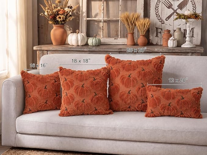 Fall Pumpkins Decorative Pillow Covers 20x20 Set of 2, Dark Rust Red Soft Plush Faux Fur Wool Farmhouse Throw Cushion Cases for Autumn Thanksgiving Holiday Home Decorations