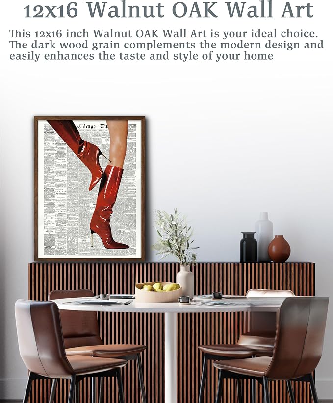 EcoHest 12x16 in Red Boots Newspaper Framed Wall Art | Walnut Color Solid Oak Frame, Canvas Wall Art, Fashion Magazine Wall Decor for Bedroom, Apartment, Dorm, College Room, 1Pack