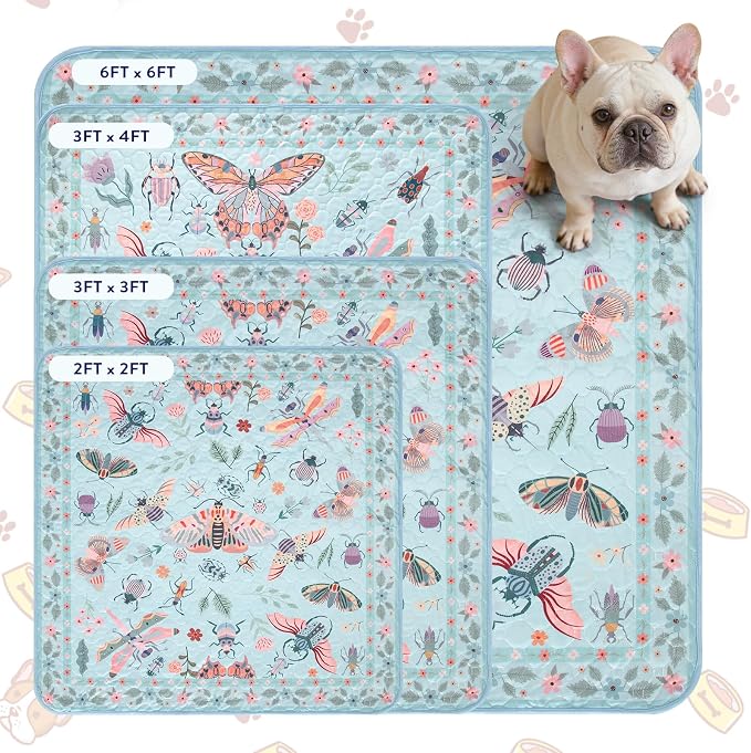 Lahome Washable Reusable Pee Pads for Dogs - Blue Butterfly & Insect Print 2 Pack Puppy Pads, Super Absorbent & Waterproof Training Mats for Crate & Floor - Leakproof with Non-Slip Backing (36"x36")