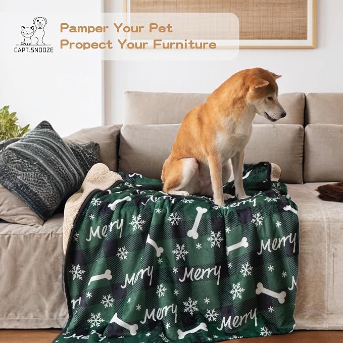 Washable Waterproof Dog Blankets for Large Dogs 50"x60" | Soft Fluffy Pet Blanket for Couch Sofa Car, Bed Furniture Protector, Reversible Sherpa Fleece Dog Blanket Christmas Green