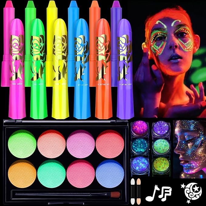 Neon Face Paint Glow in the Dark Face Painting Kit, U V Blacklight Face and Body Paint Makeup Glitter Gel Neon Paint Stick with Stencil for Halloween Party Cheer Raves Festival(Washable for Kid Adult)