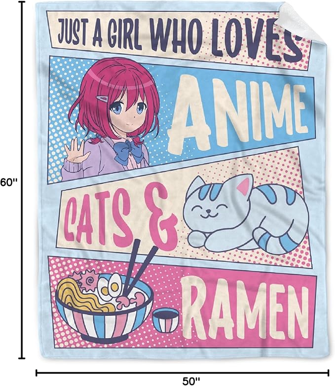 Kawaii Anime Blanket for Girls and Women - Just A Girl Who Loves Cats and Ramen - Flannel Anime Lover Gift, Luxurious Warm and Cozy for Teens/Travel, 50x60 Inch