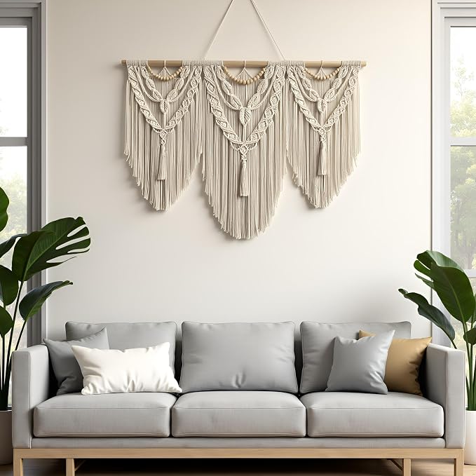 large macrame wall hanging - Boho Tapestry Macrame Wall Decor Art- Chic Bohemian Handmade Woven Tapestry Home Decoration for Bedroom Living Room Apartment Wedding Party - 43"x32" (Wood bead-A)