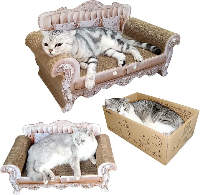 miwoowim Royal Cat Scratcher Sofa & Box, Durable Cardboard Furniture Guard | Luxury 2PCS Set, 23" Unique Couch & 17.3" Cute Box with Scratch Corrugated Pad, Modern Large Lounger for Indoor Cats