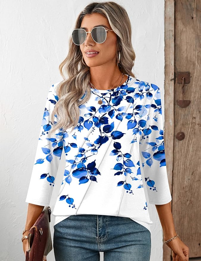 LOMON 3/4 Length Sleeve Womens Tops Spring Summer Fashion 2026 Tops Crew Neck Pleated Shirts Tunic Top Loose Fit