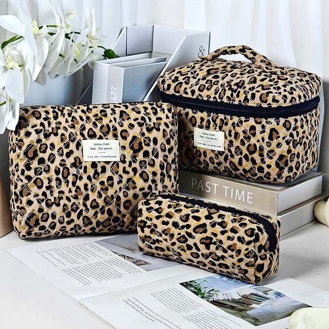 GISMTR 3Pcs Makeup Bag Cotton Quilted Travel Cosmetic Bag Cute Floral Makeup Pouch Large Toiletry Bag for Women Girls