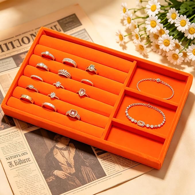 Velvet Jewelry Trays for Drawers, Orange 2-in-1 | Stackable Jewelry Drawer Organizer Inserts, Ring Earring Necklace Holder Organizer Storage Tray with Removable Dividers
