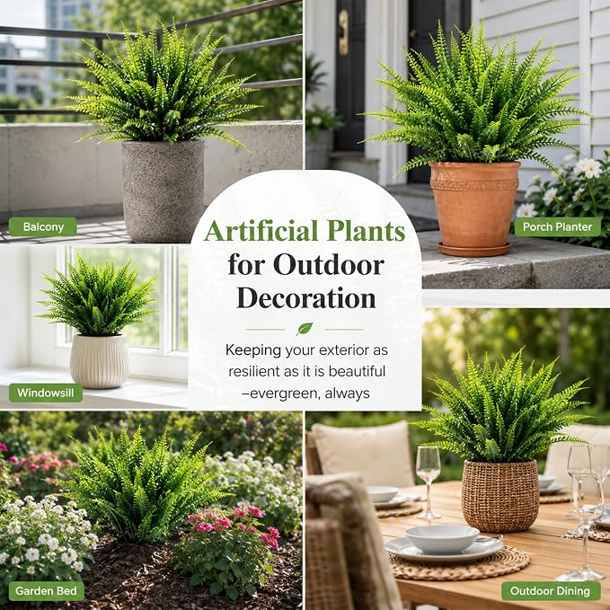 MAQIHAN 20PCS Fake Fern for Outdoor - Artificial Boston Fern Stems Decor | Realistic Fake Greenery for Large Planters, Vase, Porch, Patio, Garden Decor, Faux Plants for Indoor, Outdoor Home Decoration
