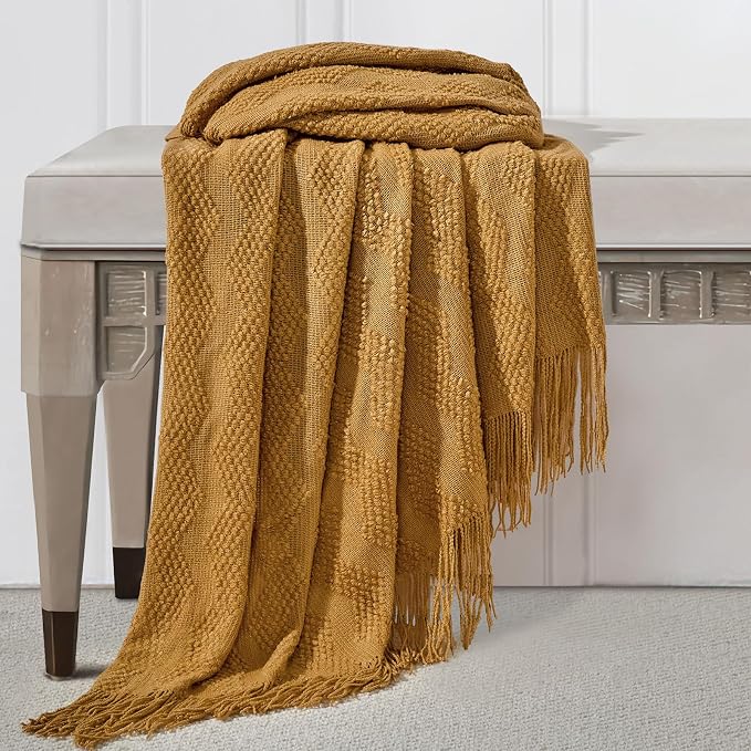 BOURINA Almond Throw Blanket 50x60 Inches Throw Textured Solid Soft Ripple Throws and Blankets for Sofa or Bed Knitted Decorative Throw