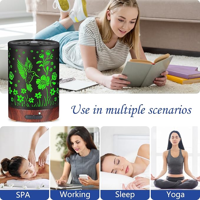 Essential Oil Diffuser- Aromatherapy Diffuser with7 Colors Light and Auto-Off for Women Metal Cool Mist Humidifier for Home and Office for Mom Women(Hummingbird)