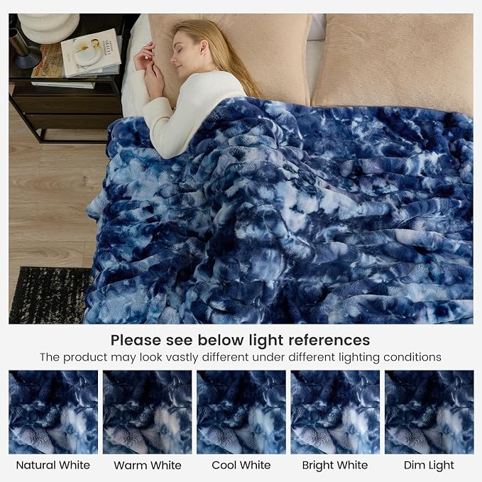 Cozy Bliss Deluxe Striped Rabbit Faux Fur Throw Blanket, Soft Fluffy Warm Plush Blanket for Winter, Modern Homr Decor, Tie-dye Blue 60"x80"