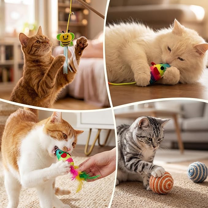 Leitee 16 Pcs Interactive Cat Toys for for Indoor Cats Set, Wooden Cat Wand Toywith Bells Feather Handle Chew Rope Mouse Sisal Balls Kitty Toys for Play Chase Exercise (Colorful)
