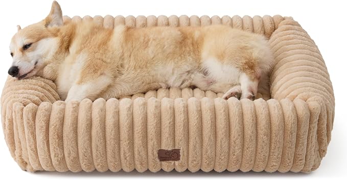 Bedsure ComfyFleece™ Cute Dog Bed Medium Large Size Dog,33in Sandy Beige | Furry Big Pet Beds,Washable Rectangle Orthopedic Corduroy Aesthetic,Removable Zipper Cover,Non-Slip Bottom,Up To 50 Lbs