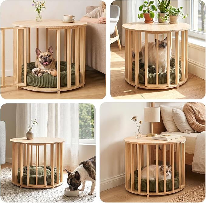 Veehoo Dog Crate Furniture, Round Cat Coffee Table with Cat Bed | Dog crate end table with dogs bed, wooden dog house, for small dogs & cats, 25.6" Dia. x 20.5" H, easy assembly