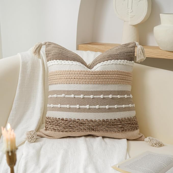 Boho Decorative Throw Pillow Cover 22x22 Square Brown Accent Pillowcase Tassels Farmhouse Cushion for Couch Sofa Bedroom Livingroom Home Décor Cover ONLY (Pack of 1)