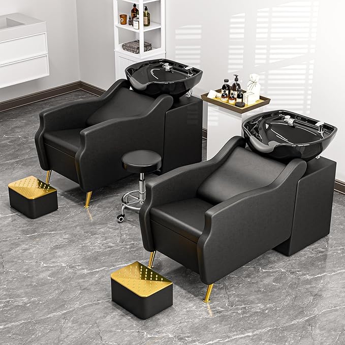 Paddie Shampoo Chair and Bowl Set of 2 for Salon, Backwash Shampoo Station Sink with Ceramic Bowl and Foot Stool, Barbershop Spa Equipment