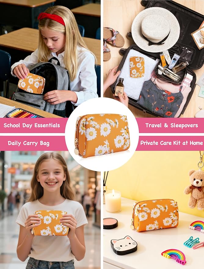 First Period Gift Kit for Girls 9-12 | Complete Tween Period Set with Daisy Yellow Bag, Leak-Proof Panties, Teen Pads, Wipes, Diary, Nail Stickers & More – Perfect for School & Travel (S)