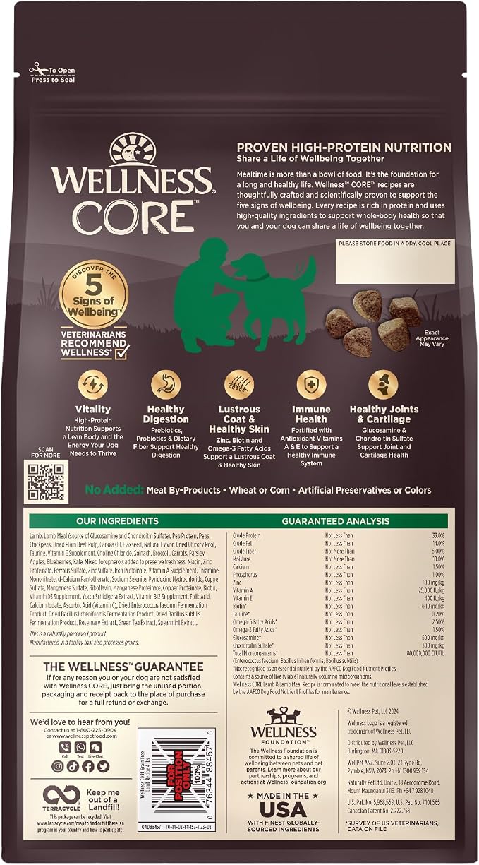 Wellness CORE Adult Dry Dog Food, Grain Free Kibble, Natural, High Protein, Lamb Recipe, 4 lb Bag
