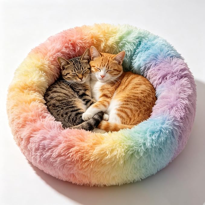 Cat Beds for Indoor Cats - Anti Anxiety Round Dog Beds for Small Medium Dogs, Fluffy Plush Faux Fur Pet Bed (Rainbow, Large 24" L x 24" W)