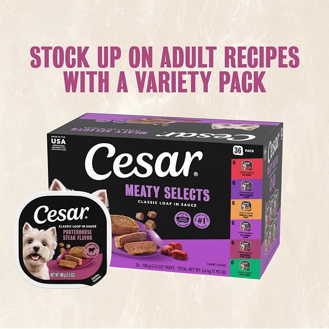Cesar Classic Loaf Wet Dog Food, Porterhouse Steak, 3.5 oz, 24 Count | Made in USA, Real beef #1 ingredient, slow-cooked tender texture, easy peel trays, no fillers/added sugar/artificial flavor