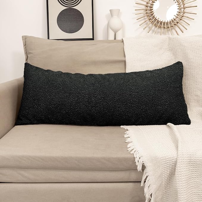 JoraLion 20x54 inch Neutral Boucle Body Pillow Cover, Black Long Pillow Cover Cozy Soft Cushion Case for Couch Sofa Bed Living Room Home Decor, Pack of 1 (Cover Only)