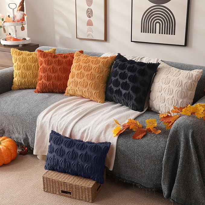 DFXSZ Fall Pillow Covers 12x20 2Pcs Navy Blue Pumpkin Fall Decorations | Fall decor Set of 2 Throw Pillow Cases Soft Plush Faux Fur Wool Couch Cushion for Chair Sofa Bedroom Living Room Home Decor