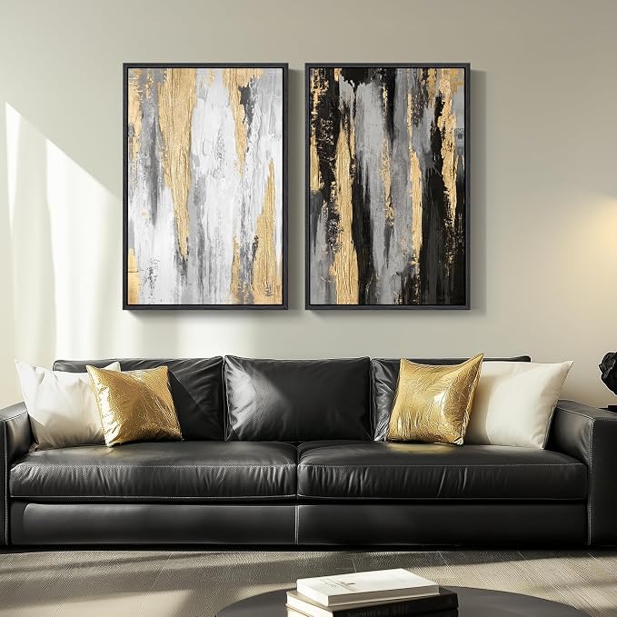 Large Framed Elegant Black White Gold Wall Art for Living Room, 24x36 In | 2 Piece, Large size paintings, Canvas prints, Black gold pictures, Modern minimalist artwork for walls, Bedroom Wall Decor
