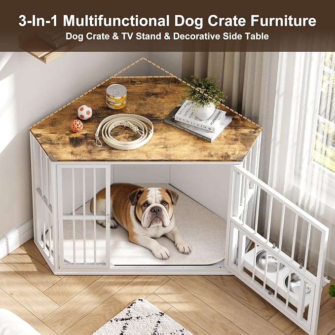 Corner Dog Crate Furniture for Small Dogs, Indoor Kennel End Table, White