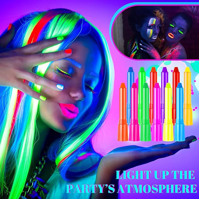 Handepo 24 Pcs Glow in the Black Light Face Paint Crayons Neon Face Body UV Light Paint Kit Fluorescent Halloween Masquerade Makeup for Adult Mardi Gras Parties(Multi Color)