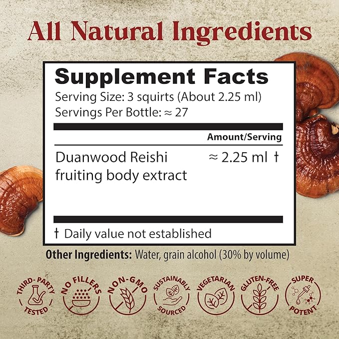 Dragon Herbs Duanwood Reishi Drops • Mushroom Supplement • Mountain Organically Log Grown • Triple Extractions • for Immunity, Sleep, Heart, Liver, Stress, Super Potency Fast Acting • 2 fl oz, 60 mL