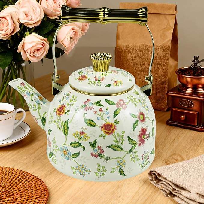 Vintage Enamel Tea Kettle Fragrant Flowers Pattern Stovetop Teapot with Gold Handle 2.5L Enamel Kettle Kitchen Decor, Ideal Gift for Housewarming Camping Coffee Pot