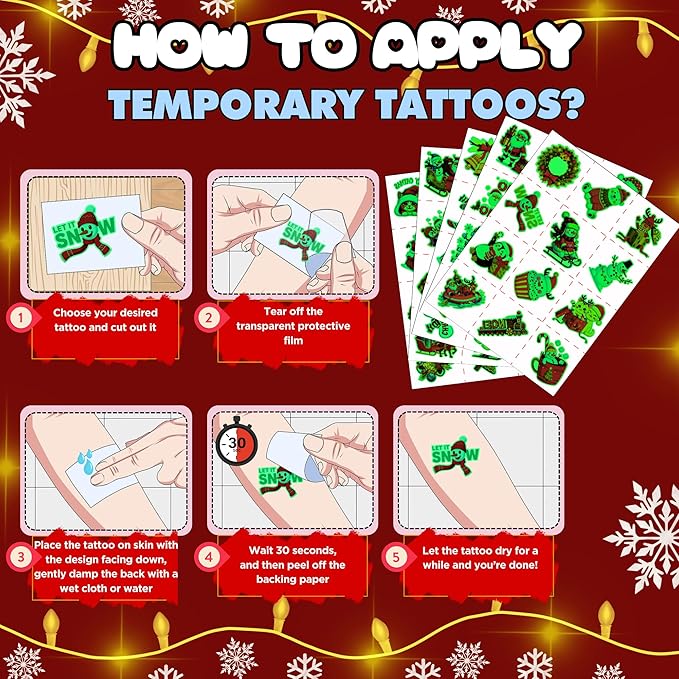 Luminous Christmas Temporary Tattoos - 60Pcs Christmas Decorations Xmas Party Decorations Party Favors Supplies Accessories Goodie Bags Decor Winter Reindeer Santa Claus Gift Idea For Kids Youth Adult