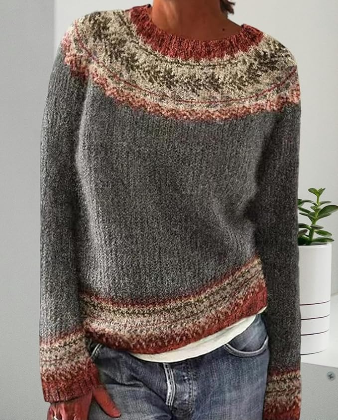 Zhyaj Fair Isle Sweater for Womens Winter Long Sleeve Vintage Knitted Sweater Casual Fall Crew Neck Pullover Sweaters