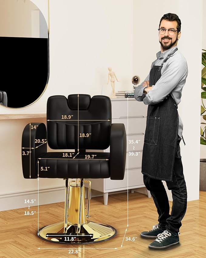 Baasha Ergonomic Brown and Gold Salon Chair with Comfortable Thickened Cushions, Heavy Duty Reclining Stylist Chair for Hair braiding, Extensions, Tattooing, Weight Capacity 440 lbs