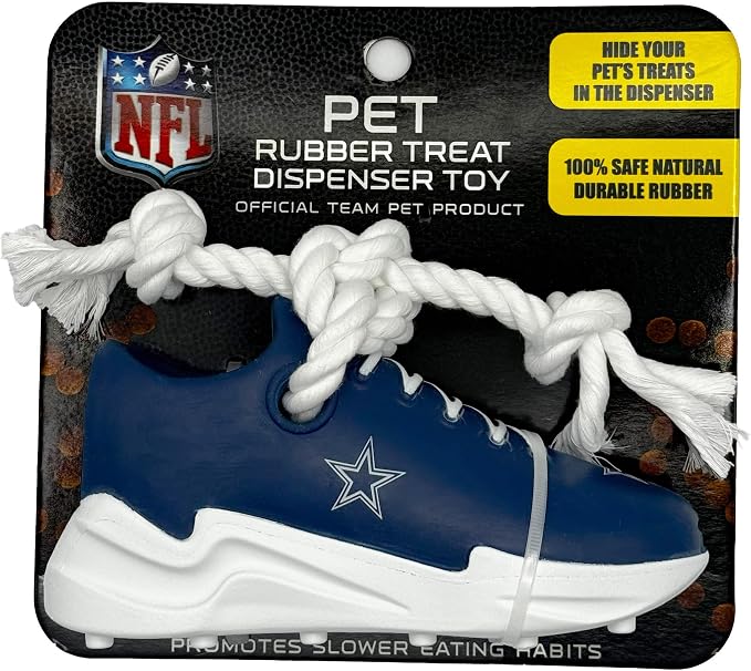 Pets First NFL Dallas Cowboys Cleat Sneaker Spike Dog Toy, Football Treat Dispenser Chew Toy for Dogs, Interactive Rope Tug Toy, Slow Feeder Natural Rubber Dog Toy with Official Team Logo