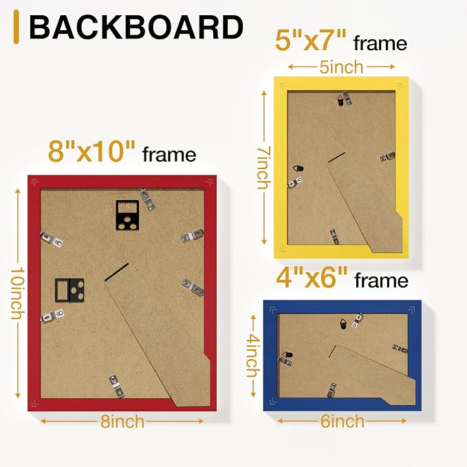 Vittanly 15 Pack Gallery Wall Frame Set, Red, Yellow, Blue | Picture Frames Collage Wall Decor: 3pcs 8x10, 6pcs 5x7, 6pcs 4x6. Picture Frame Set for Wall or Tabletop Display