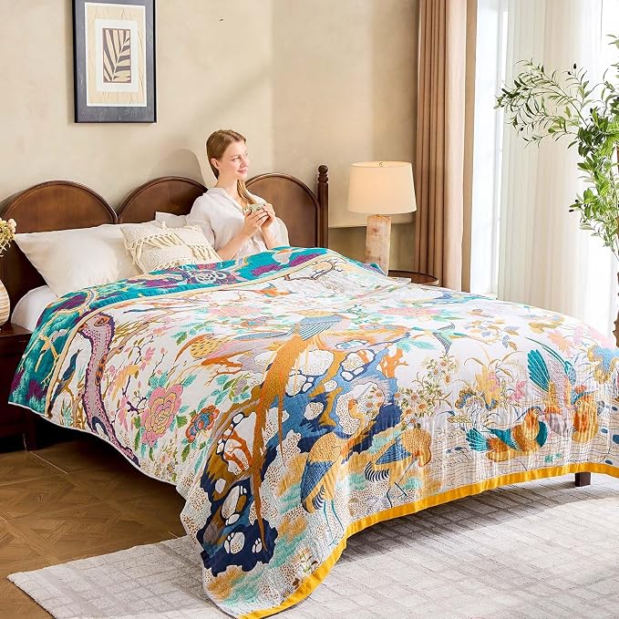 XIBLC Fall Throw Blanket for Couch, Yellow Boho Decorative Throw Blanket, 100% Cotton Muslin Breathable Woven Farmhouse Blankets Quilt, 90"x98" Reversible Lightweight Blankets Bohemian Throw Quilt