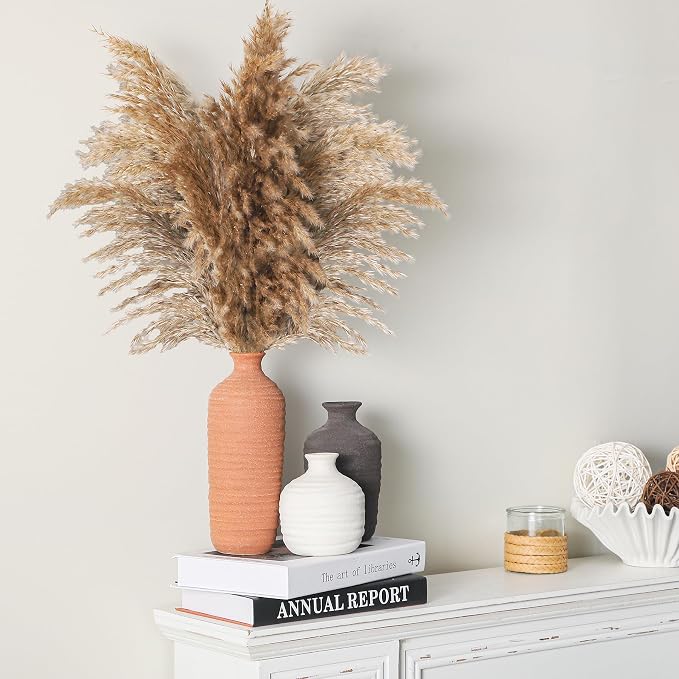 Dobbyby Ceramic Vase Set of 3 Neutral Decorative Vase for Farmhouse, Boho, or Rustic Home Decor Pottery Vases for Pampas Grass Living Room Bedroom Table Mantel Entryway Shelf (01-Brown)