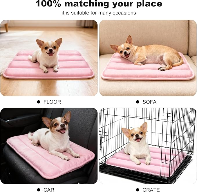 pobopobo Dog Crate Pad, Ultra Soft & Anti-Slip Kennel Mat, Secure Fit for Metal Crates & Dog Cages, Washable Cozy Bed for Small Medium Large Dogs (Pink, S(23"*14"*1.5"))