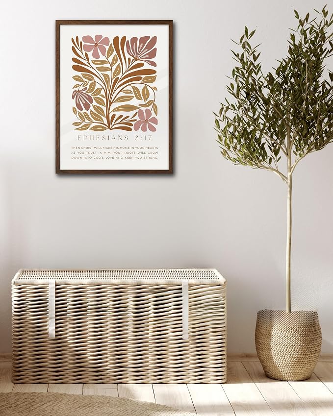 EcoHest 12x16 in Ephesians 3:17 Abstract Floral Framed Christian Wall Art | Walnut Color Solid Oak Frame,Canvas Wall Art, Scripture Bible Verse Wall Decor for Bedroom, Living Room, Office, Church,1Pack