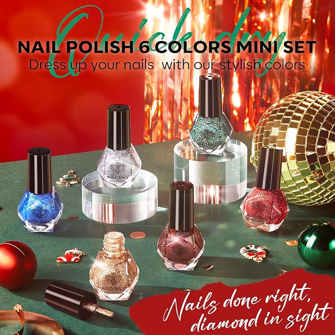 modelones Christmas Nail Polish Set 6 Colors, Red Green Burgundy Gold Silver Blue Glitter Quick Dry Mini Nail Lacquer Kit with Stickers, Winter Nail Art Manicure New Year Gift for Girls Women