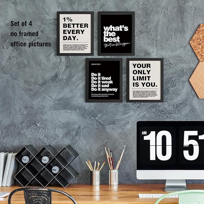 DSHFG Motivational Inspirational Office Wall Art Decor Prints Set of 4 | Black Office Motivational Wall Decor Trendy Retro Positive Affirmations Quotes Wall Decor Posters, 8x10 Unframed