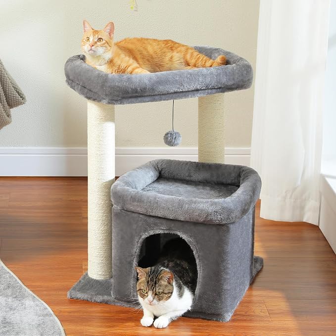 PEQULTI Cat Tree Tower for Large Indoor Cats, Extra Large Perch, Grey | Sisal wrapped scratch posts, oversized resting perch, sturdy cat tower furniture for indoor large cats