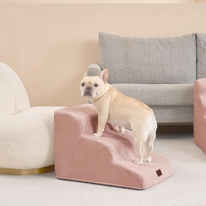 EHEYCIGA Curved Dog Stairs Ramp, 3-Step Dog Steps, 15.7" H Pet Step | 33D density of pure foam, for Small Dogs and Cats, Pet Stairs for High Bed Climbing, Non-Slip Balanced Indoor, Dusty Pink